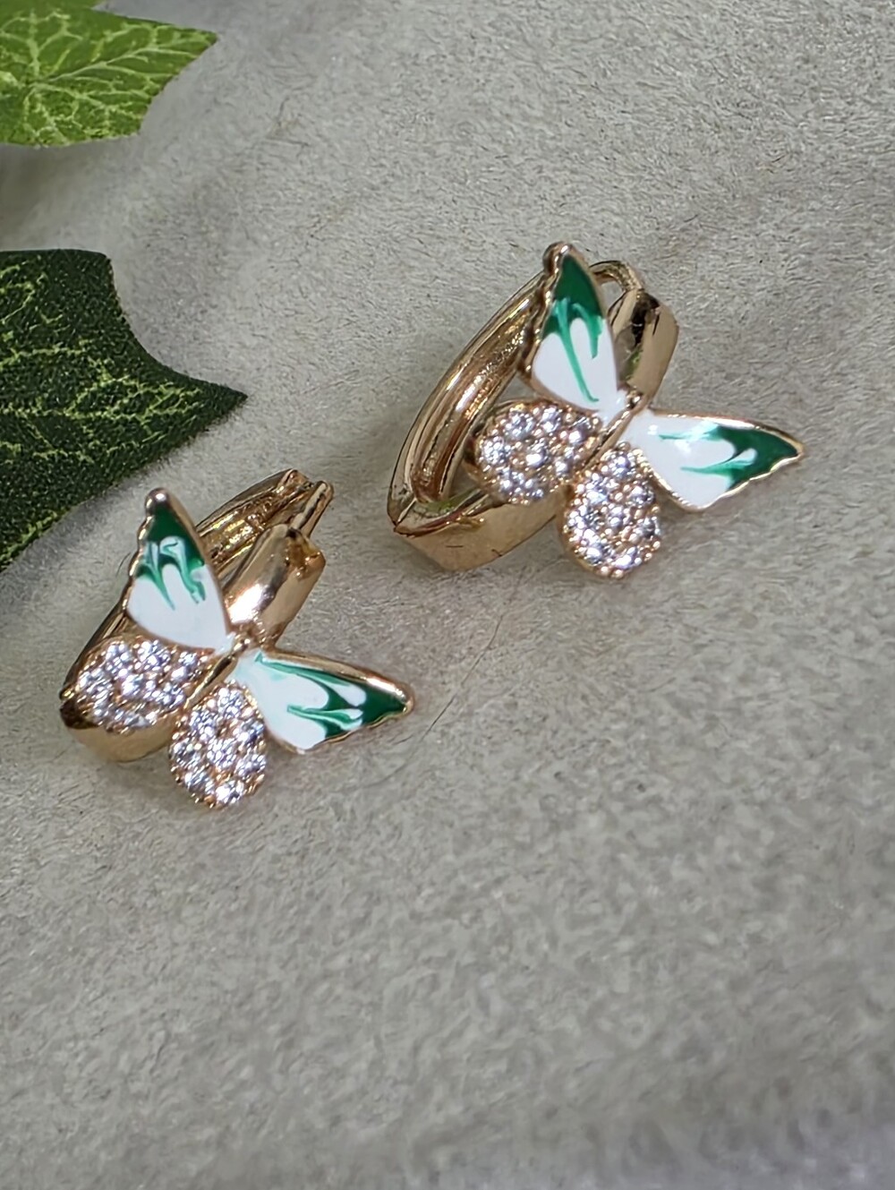 Gold Filled Huggie Hoop Earrings Green Enamel Butterfly Pave Crystal